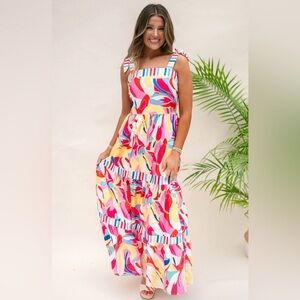 🌷Chic Soul Colorful Abstract Shoulder Tie Maxi Dress